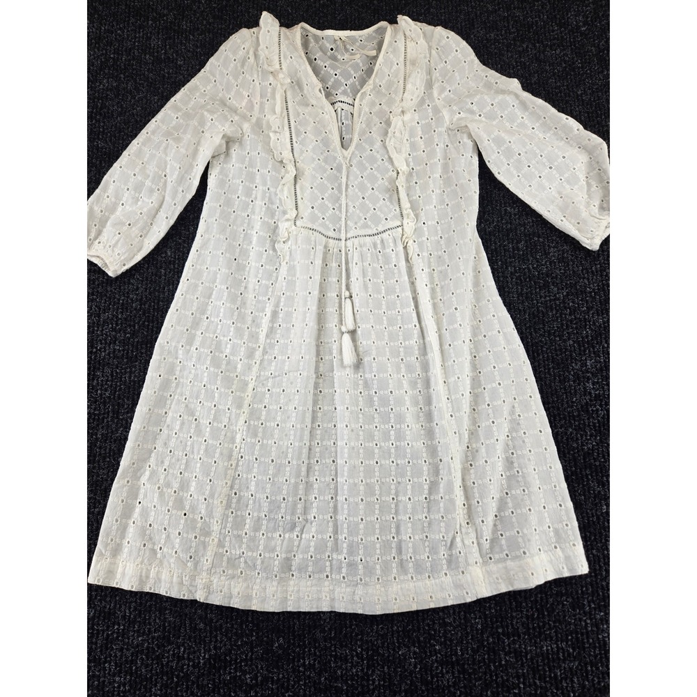 Anthropologie White Eyelet Ruffle Tunic Dress Long Sleeve Tassel Size 6 US